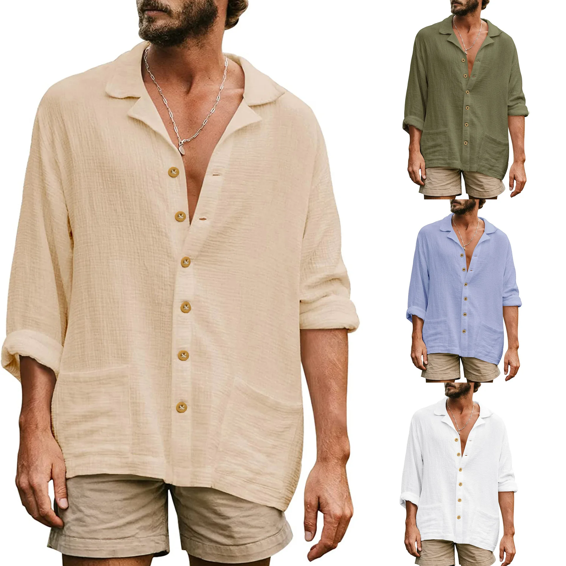 2023 Nuevo de la Moda de Primavera de los Hombres Sueltos Gran Casual de Cuello de Manga Larga Camiseta de los Hombres del Sólido Camisa Cómoda . ' - ' . 0