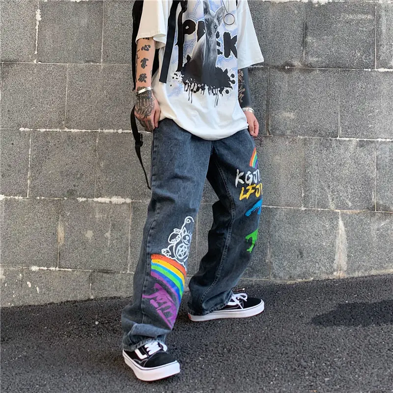 Nuevos pantalones vaqueros de los hombres sueltos recta otoño tendencia ins de alta de la calle hip hop graffiti arco iris de letras impresas pantalones azul . ' - ' . 0