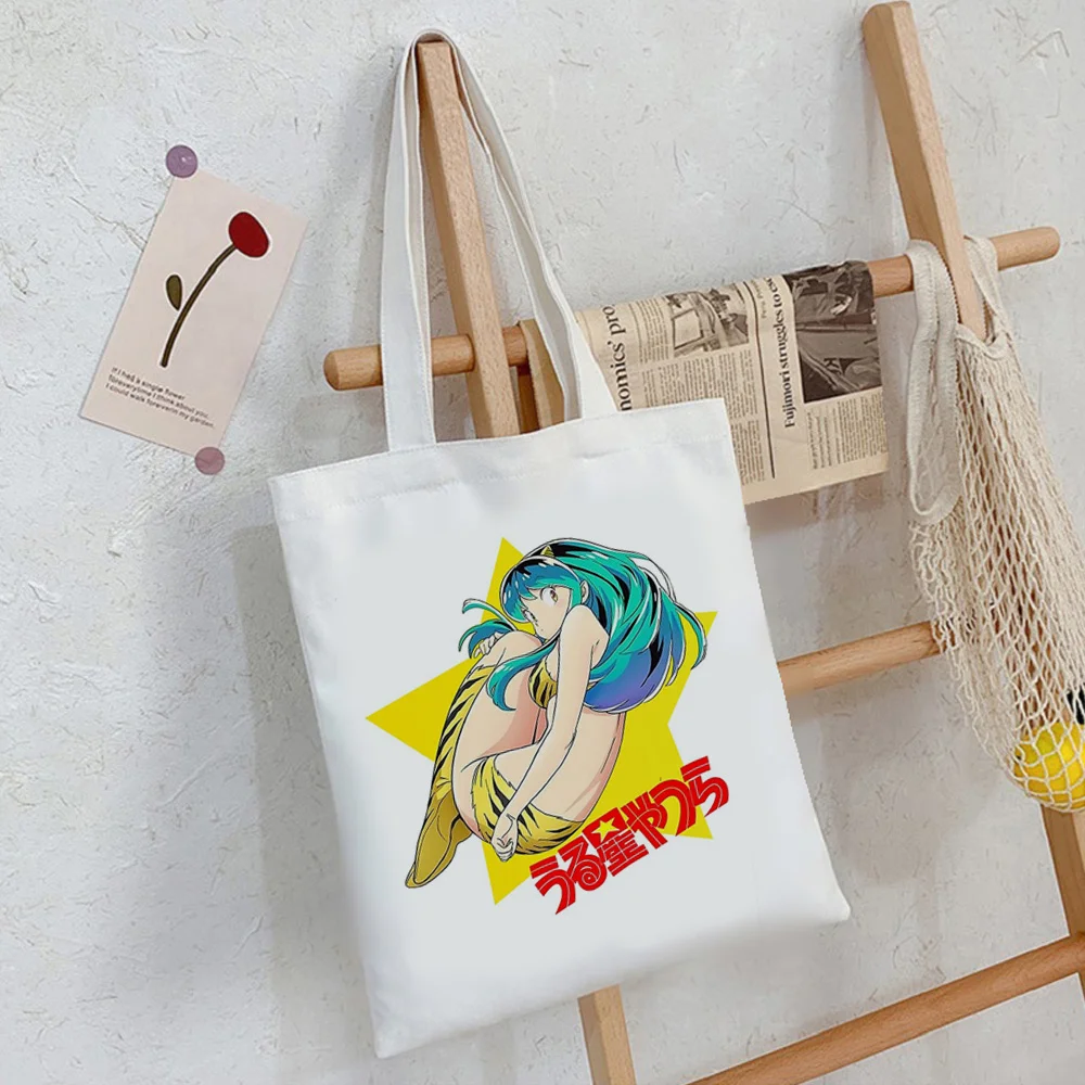 Urusei Yatsura y tsuira bolsa de compras, bolso de la bolsa de lona reutilizables tote bolso de ultramarinos reutilizable bolsas reutilizables de encargo . ' - ' . 0
