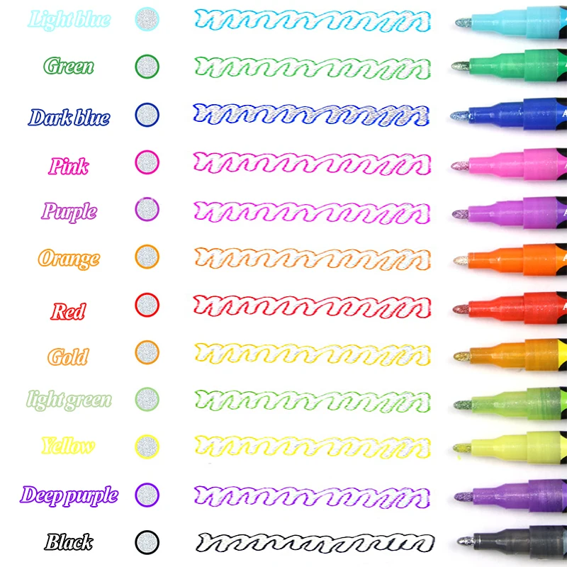 12 Colores/Set Esquema de Pintura Rotulador de Doble Línea de Lápiz Diy Álbum de Scrapbooking Metal Marcador de Brillo para la elaboración de la Pintura de los Garabatos . ' - ' . 1