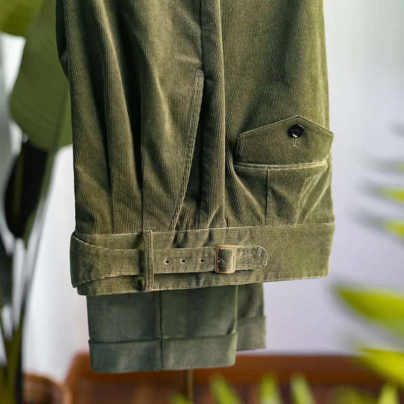Nueva Llegada De La Alta Calidad De Oliva Verde De Pana Fina Cintura Alta Personalidad Pantalones De Negocios Para Una Ocasión Formal Slim Fit Desgaste . ' - ' . 1