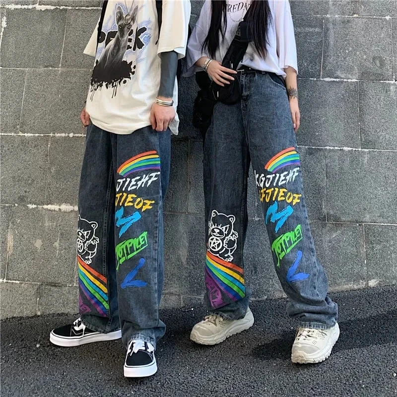 Nuevos pantalones vaqueros de los hombres sueltos recta otoño tendencia ins de alta de la calle hip hop graffiti arco iris de letras impresas pantalones azul . ' - ' . 2