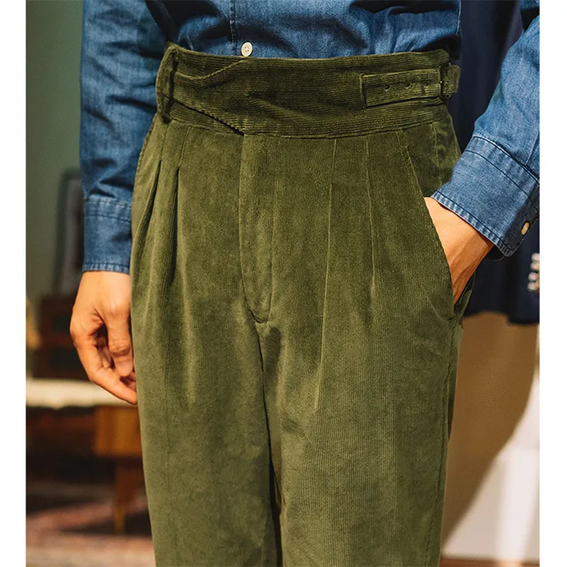 Nueva Llegada De La Alta Calidad De Oliva Verde De Pana Fina Cintura Alta Personalidad Pantalones De Negocios Para Una Ocasión Formal Slim Fit Desgaste . ' - ' . 2