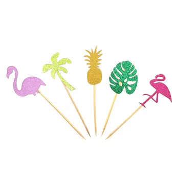 10pcs Cake Toppers Brillo de la Torta de Insertar la Tarjeta de Piña Flamingo Árbol de Coco Tarta de Postre Toppers para las Decoraciones de la Ducha del Bebé