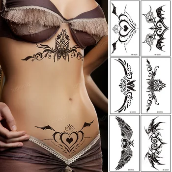 12 Hojas De Mariposa Negra Flor Diseño De Tatuaje Temporal Tribal, Arte De Cuerpo Falso De La Etiqueta Engomada Del Tatuaje Del Brazo Del Vientre De La Cintura De La Prenda Impermeable Sexy
