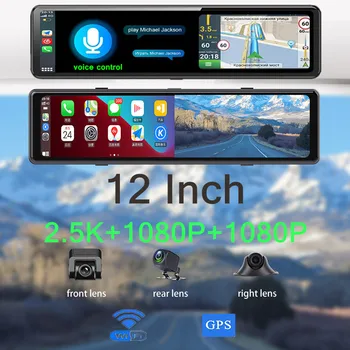 3 Cámaras de 12 Pulgadas Espejo Retrovisor 2.5 K 2560*1440P DVR del Coche de Carplay Android Auto WiFi GPS Bluetooth Conexión de la Grabadora de Vídeo