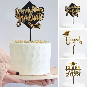 5Pcs Topper de la Torta Feliz Graduación de Oro Negro Acrílico Cake Toppers Clase de 2023 de la Universidad Fiesta de Celebración de Decoración de Torta de Herramientas