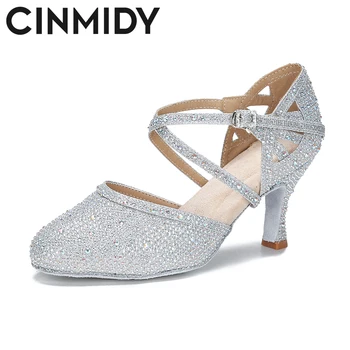CINMIDY Rojo diamantes de Imitación de Baile latino Zapatos de las Mujeres Zapatos de Baile de Tango, Modernos Zapatos de Fondo Suave Zapatos de Boda de Plata
