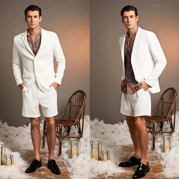 El verano de los Hombres Blancos traje de Pantalones Cortos de Playa para Hombre de Esmoquin con Muesca Solapa a la Medida del Novio a la Fiesta de Graduación de la Capa de Negocio Desgaste Traje de 2 Piezas