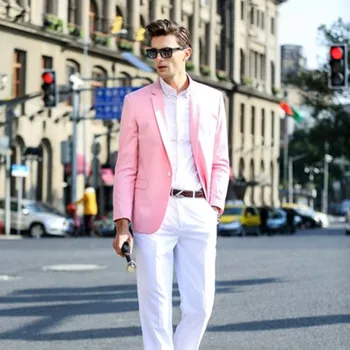 Hombres Slim Fit Trajes de color Rosa de la Chaqueta Con Pantalón Blanco de la Calle los Hombres de la Moda por encargo de Un Botón Formales Trajes de Boda Terno Masculino