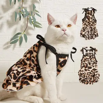 Liga de la Falda de Capas Dobles Volante Borde del Dobladillo de la Impresión del Leopardo de Verano Kitty Ropa de Perro ropa para al aire libre 