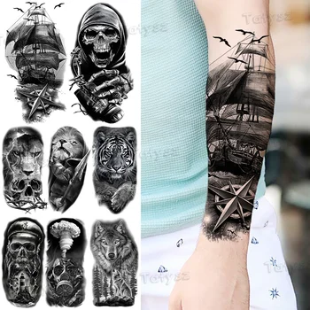 Negro Barco Pirata Brújula Tatuajes Temporales Para los Hombres Adultos Realista León Guerra Lobo Cráneo Falso de la etiqueta Engomada del Tatuaje del Brazo Tatuajes 3D