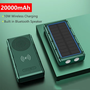 Solar Power Bank 20000mAh 10W Qi Cargador Inalámbrico para el iPhone 14 13 Samsung Portátil Xiaomi Powerbank con Altavoz de la Linterna de LED