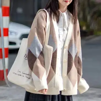 20223 Temporada Nueva Perezoso Viento Rombo Cardigan de Punto Abrigo de las Mujeres de la ropa Exterior Suelto de Estilo Japonés Suave Suéter de las Mujeres