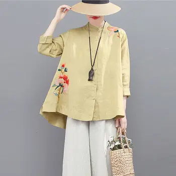 2023 de Verano de Algodón de Arte del Bordado de la Camisa de Tang Traje de Hanfu Suelta el Vientre de la Cubierta Transpirable Acogedor Estilo Chino Tops Más Tamaño para las Mujeres
