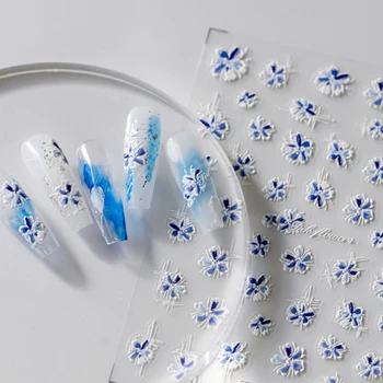 Azul, Blanco, Flores 5D Suave Relieve Relieves Auto-Adhesivo del Arte del Clavo de la Decoración Pegatinas Hermoso 3D Manicura Calcomanías de Mayoreo