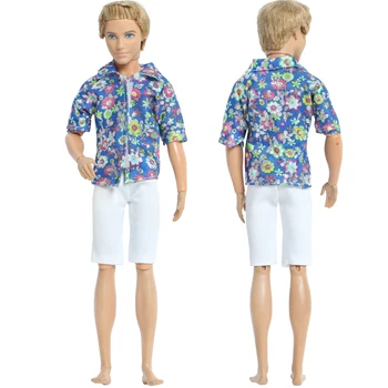BJDBUS los Hombres de la Moda del Traje de Patrón de Flores de Camisa Blanca Pantalones Cortos Ropa de Verano para Ken Doll Accesorios de casa de Muñecas de Juguete de Niño