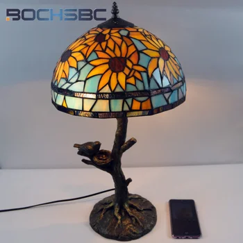 BOCHSBC Tiffany Vendimia vidrieras creativas Ronda de la hoja de estilo de la lámpara de mesa decoración de la sala de estudio, dormitorio de los ojos protección de la lámpara