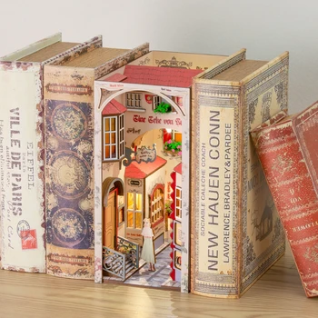 CUTEBEE DIY Book Nook Kit Estante de libros, Insertar con la Luz en Miniatura casa de Muñecas de Madera de Construcción de Modelo de Juguete Para niños Decoración de Regalos