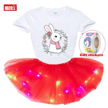 Chica de Cumpleaños Conjunto de Vestido de arco iris para la Niña de la Falda de la Princesa Vestido de los Niños Vestido de Fiesta de Niños T-shirt+Resplandor de la Falda+Niños Pegatinas