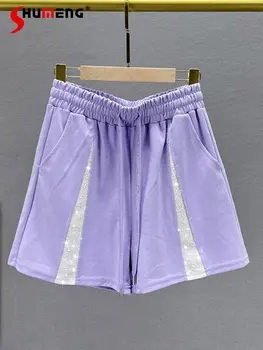 De las mujeres de Moda de Verano de diamantes de imitación de color Púrpura Cortos de 2023 Nueva Casual de Talle Alto, Suelto Adelgazar Ins diamantes de Imitación Ancho de la Pierna de los Pantalones Calientes