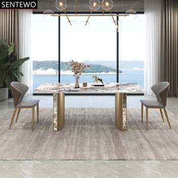 De lujo Rock Losa de mesas de comedor de 4 sillas de Metal de Titanio esmalte base de oro de Imitación de mesa de Mármol, muebles de cocina cocina meuble