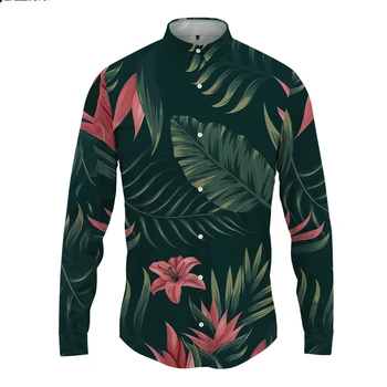 Divertido Camisa Hawaiana de la Impresión en 3D de los Hombres Casual camiseta de Manga Larga de la Moda de Estilo de Botón de Chaqueta de punto Grande de la Primavera y el Otoño las Plantas Verdes