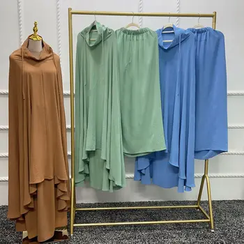 Eid con Capucha de las Mujeres Musulmanas de Raso Abaya 2 Pieza Jilbab Largo Khimar Hiyab Vestido con un Conjunto de Falda Oración Ropa Ramadán Islam Abayas