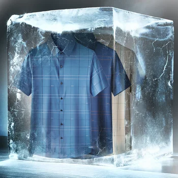 El hielo de Seda Traceless Hombres de Camisa de Manga Corta de Alta Elástico de los Hombres Slim Fit Libre de Arrugas Botón de Negocios Camisas a Cuadros Informal Azul