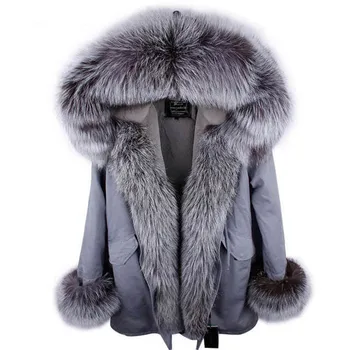 FURARISTOCRAT Natural fox cuello de Piel abrigo de piel con capucha parka de invierno de la chaqueta de las mujeres outwear cálido gruesa parka de piel sintética forro de abrigo