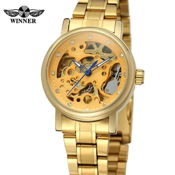 GANADOR de la Mujer Relojes Clásico de la Banda de Acero Reloj de Mujer de la Marca Superior de Lujo Esqueleto Relojes Automático Mecánico Reloj de Señoras Calientes 0394