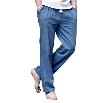 Japonés De La Moda Para Hombre De La Ropa De Algodón Pantalones De Ajuste Suelto Casual Ligero Elástico De La Cintura De Playa De Verano Recta Pantalones