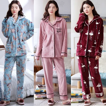 Las mujeres Pijamas Conjuntos de Pijama de Franela de Turn-down Collar de ropa de dormir de Señora de Manga Larga de Invierno ropa de Dormir Femme 2 Piezas Pijamas ropa de hogar