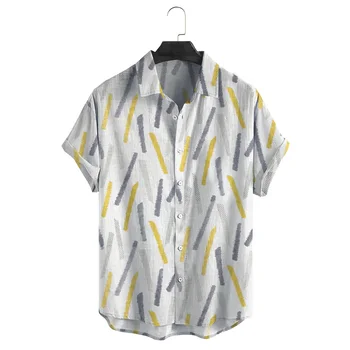 Más el Tamaño de los Hombres de Camisa Hawaiana Geométricas Impresión de Tendencia Elegante de Verano Nueva Solapa Botón de la Chaqueta, Tops para el día a día de la Moda