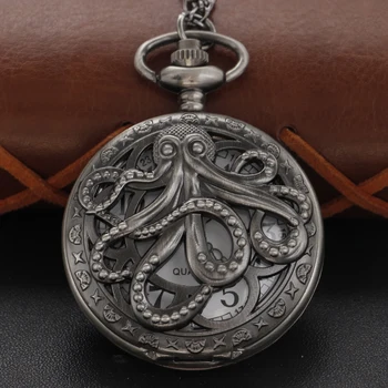 Negro Pulpo Monstruo de Cthulhu de Cuarzo Reloj de Bolsillo Retro Steampunk Fob de la Cadena de Reloj Collar de la Cintura Colgante para los Hombres y Mujeres de Regalos