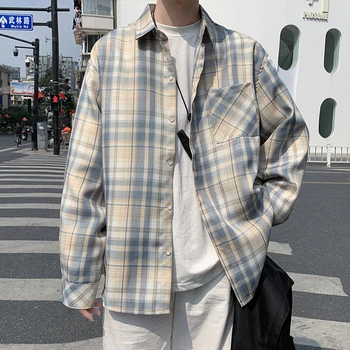Nueva 2023 Vintage Camisa a Cuadros de los Hombres Ropa de Diseñador de Moda Japonés coreano Suelta de Manga Larga Casual Camisas grandes para los Hombres