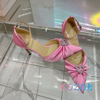 Sexy forma de Corazón de Cristal de la Hebilla Sandalias de tacón Alto de las Mujeres de color Rosa de Seda de Costura Dedo del pie Puntiagudo de Noche Formal, Fiesta de los Zapatos de Verano