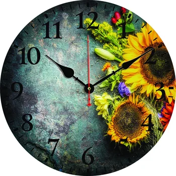 Vintage Reloj De Pared De 12 Pulgadas, De Madera Del Grano De Girasol De Reloj Redonda, Silencio No Tictac De Cuarzo Con Pilas, Retro Del Grano De La Madera