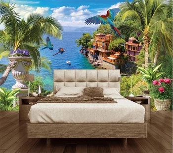 beibehang un fondo de pantalla Personalizado en 3d de la costa azul de coco árbol de la flor ave del mediterráneo mural de fondo de la pared de la sala de estar dormitorio обои