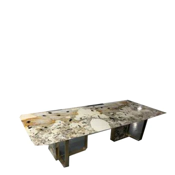 de lujo, mesa de comedor rectángulo personalizado de acero inoxidable base de piedra para la sala de estar